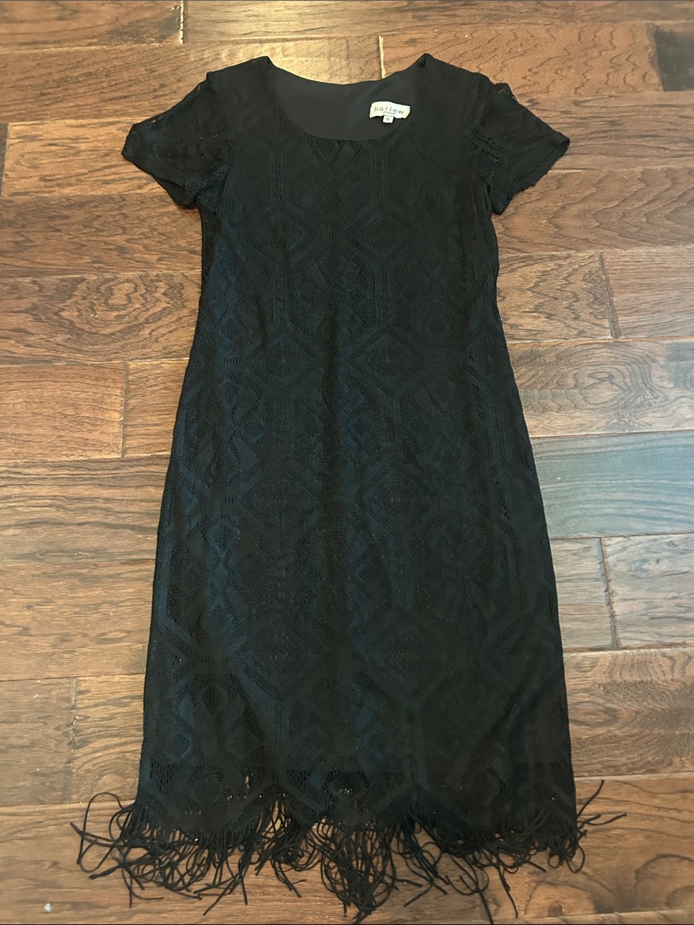Vintage Harlow Black Lace Fringe Lined Short-Sleeve Dress